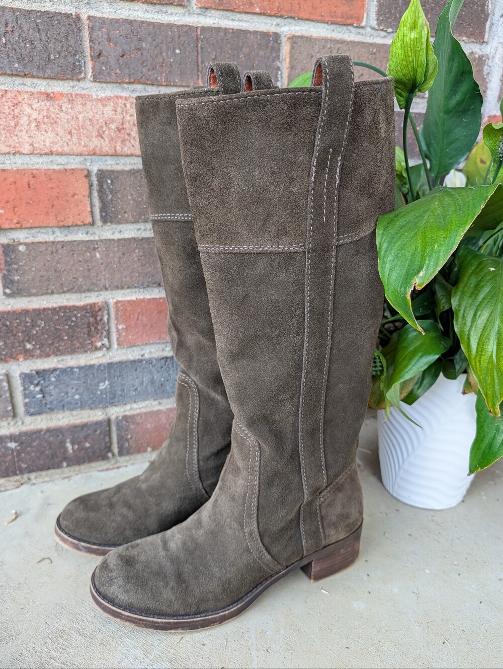 💚EUC Lucky Brand Hibiscus Suede Leather Pull On Knee High Riding Boots, Olive